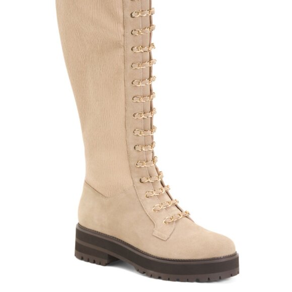 NEW CECELIA NEW YORK Knee High Chain Lace Boots taupi for women 864tn - Picture 2 of 6